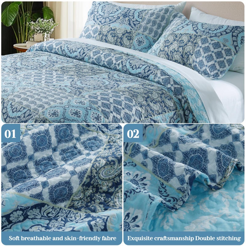 KASENTEX Country-Chic Printed Pre-Washed Quilt Bedding Set - Microfiber Fabric Quilted Pattern Bedding (Multi-Blue B, Queen + 2 Shams) - Image 3
